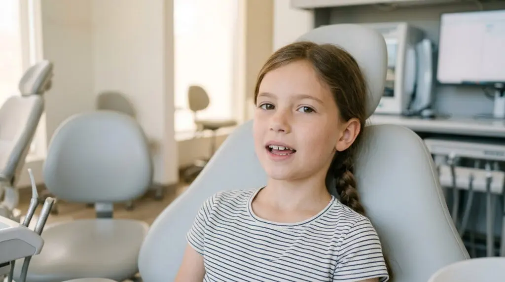 A young girl with braided hair sits in a dental chair at Limestone Hills Orthodontics in Austin, TX, ready for treatment.