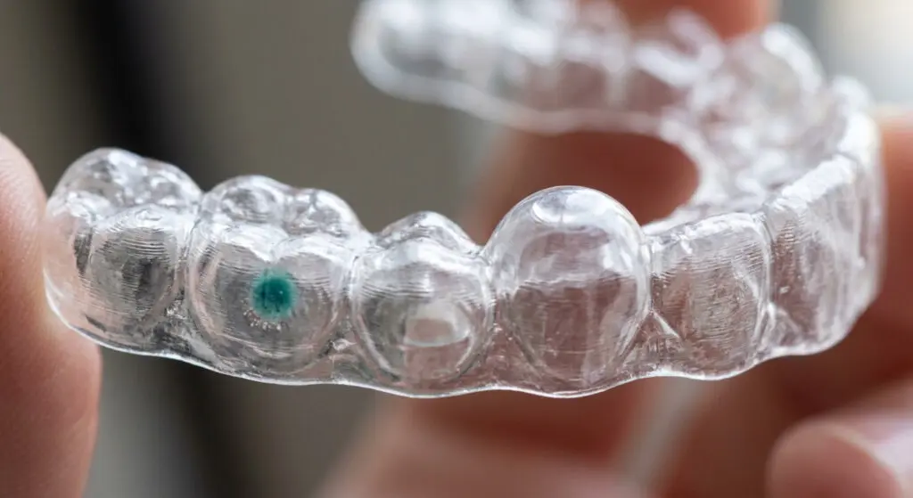An Invisalign for Teens aligner with a green mark, held between fingers, at Limestone Hills Orthodontics in Austin, TX.