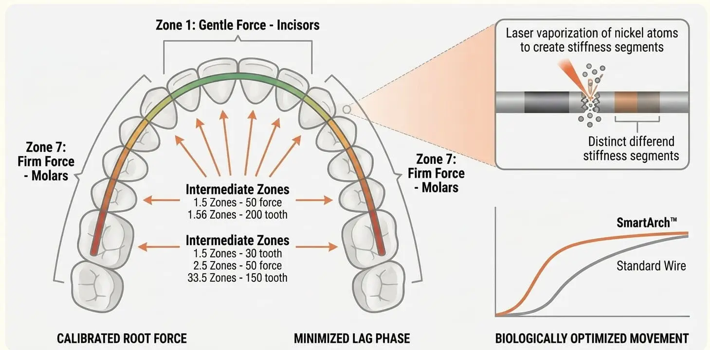 Orthodontic archwire diagram at Limestone Hills Orthodontics in Austin, TX; force zones, laser-stiffened segments, SmartArch vs. standard wire graphs.