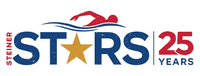 Steiner Stars 25 years logo with swimmer above text, gold star as the "A" in "STARS,"