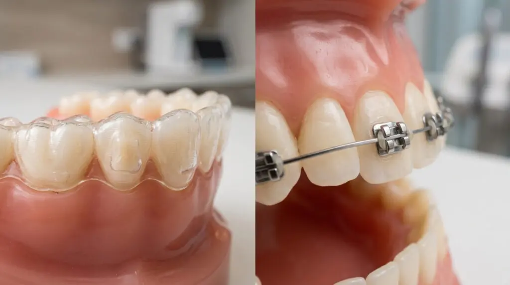 Dental models show clear aligners vs metal braces at Limestone Hills Orthodontics in Austin, TX; aligners left, braces right.