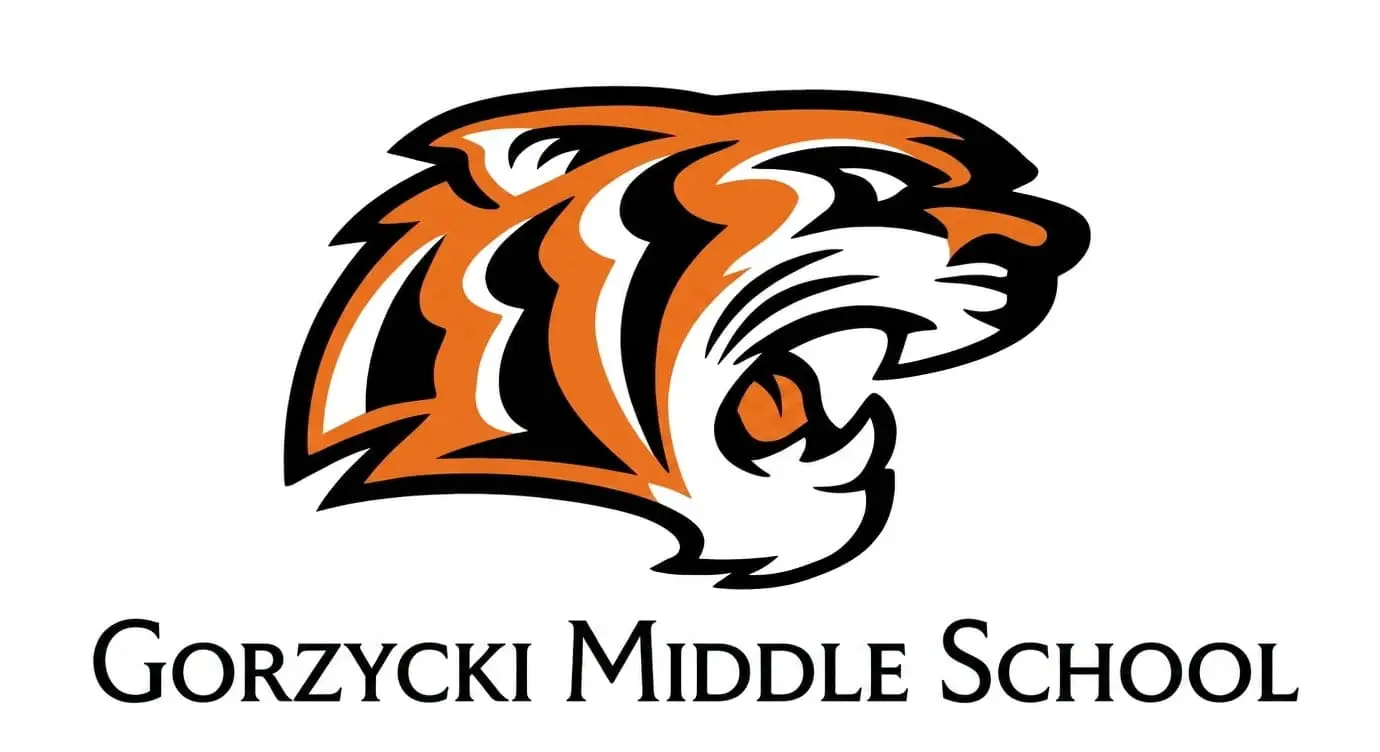 Logo of Gorzycki Middle School with a roaring tiger head in orange, black.