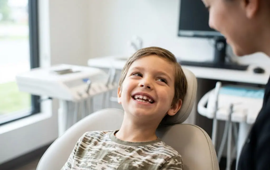 In Austin, TX at Limestone Hills Orthodontics, a smiling young boy sits in a dental chair, ready for two-phase treatment.