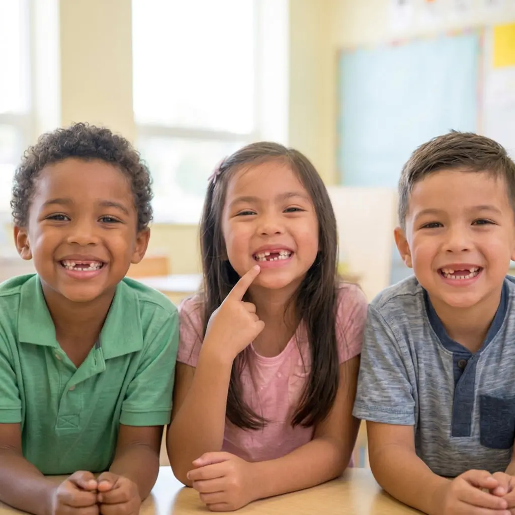 Smiling kids indoors at a table show tooth gaps, with one pointing at hers, sparking curiosity about Limestone Hills Orthodontics in Austin, TX.