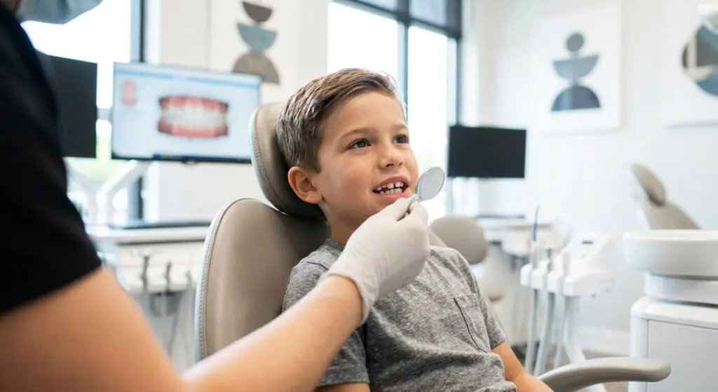 At Limestone Hills Orthodontics in Austin, TX, a dentist examines a boy's mouth with a mirror, discussing two-phase treatment.