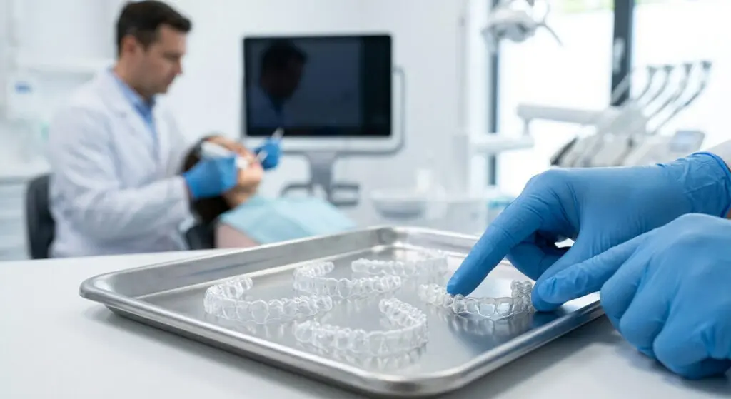 A gloved hand selects an Invisalign aligner from a tray at Limestone Hills Orthodontics in Austin, TX, with a dentist in back.