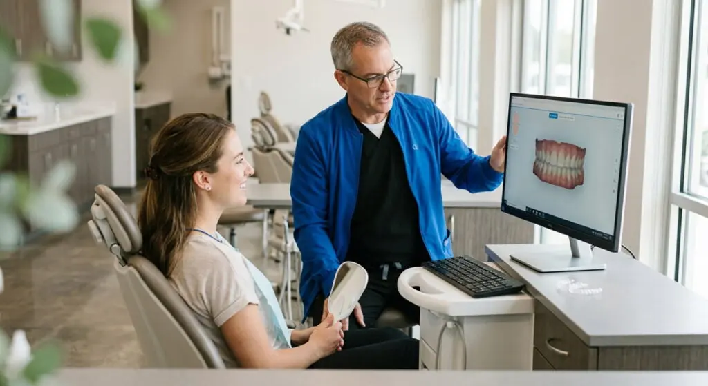 At Limestone Hills Orthodontics in Austin, TX, a dentist reviews Invisalign Refinements with a female patient using digital images.