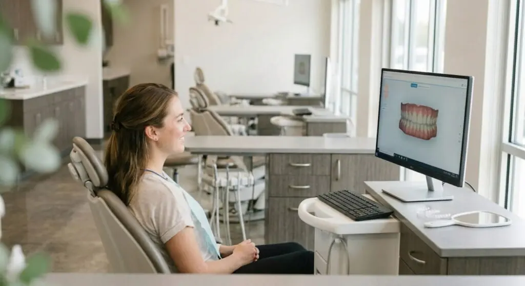 In a modern dental office at Limestone Hills Orthodontics in Austin, TX, a woman views a 3D teeth scan on a monitor.