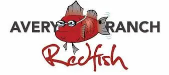 Cartoon red fish with swim goggles, "Avery Ranch" in black, "Redfish"
