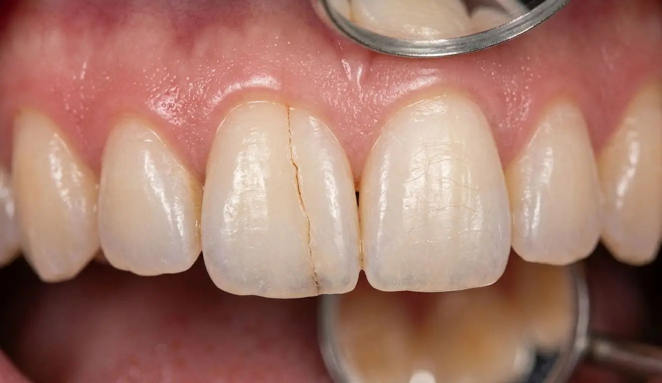 Severe vertical crack in a front tooth caused by heavy nighttime bruxism and teeth grinding at Limestone Hills Orthodontics in Austin, TX