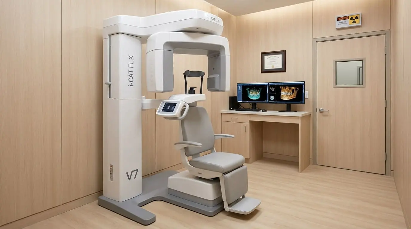At Limestone Hills Orthodontics in Austin, TX, a dental imaging room has an i-CAT FLX V7 3D scanner, chair, and scan workstation.
