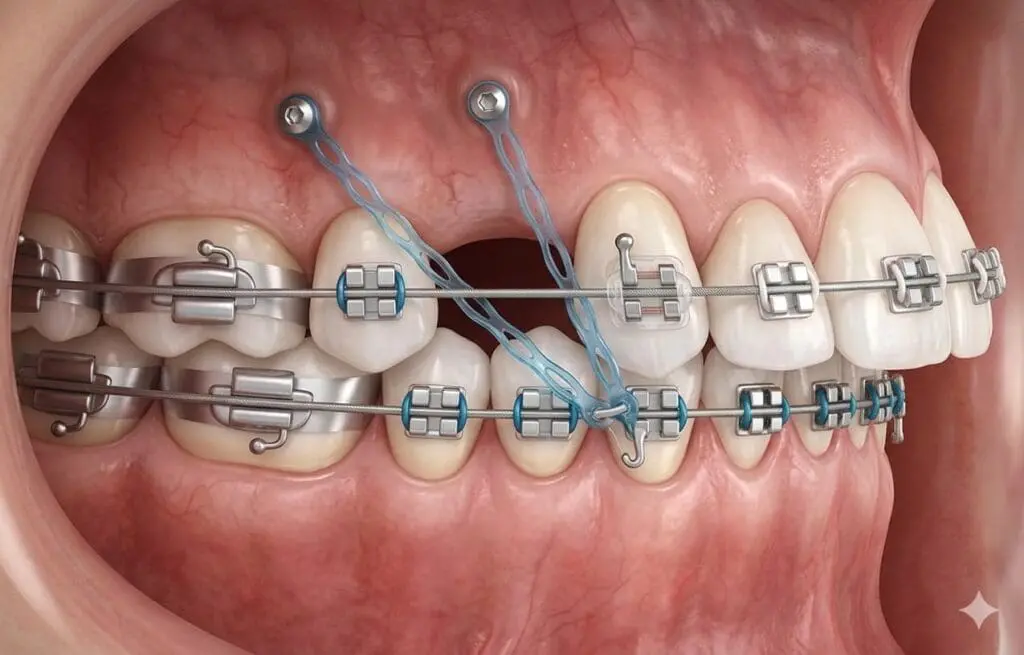 Medical illustration of Temporary Anchorage Devices (TADs) used in orthodontic treatments by Limestone Hills Orthodontics, in Austin, TX to provide stable anchorage for braces.