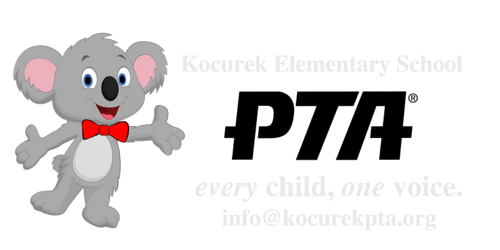 Cartoon koala with red bow tie stands by bold PTA logo; Kocurek Elementary info faintly behind.